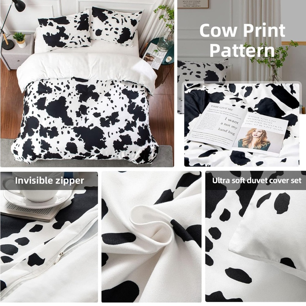 Cow Print Bedding Twin, Cow Duvet Cover with 1 Pillowcases & Zipper Ties